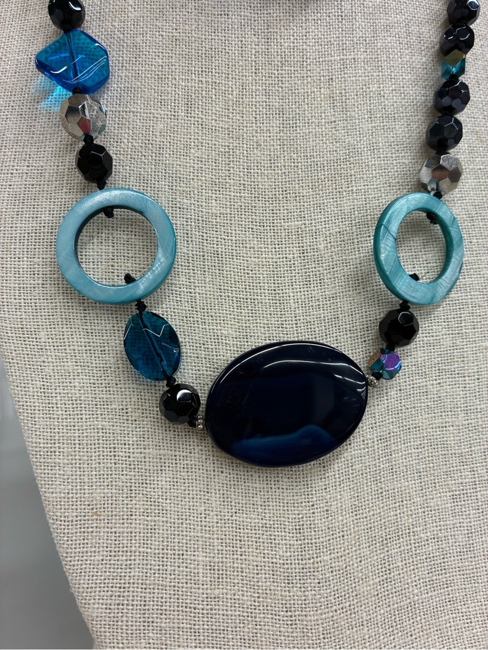 Artisan Sapphire Blue Glass Pottery Multi-Bead Statement Necklace - Picture 8 of 11